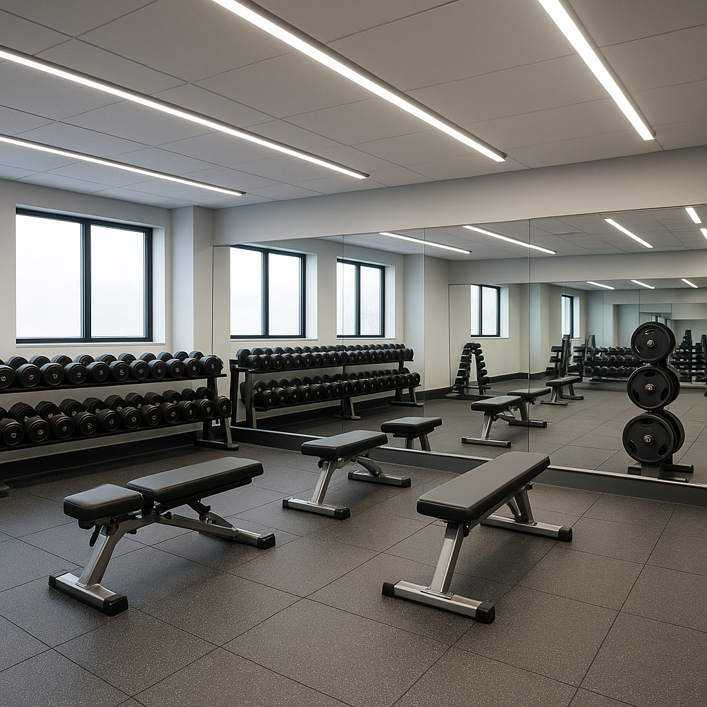 Modern free weights area with dumbbells and benches