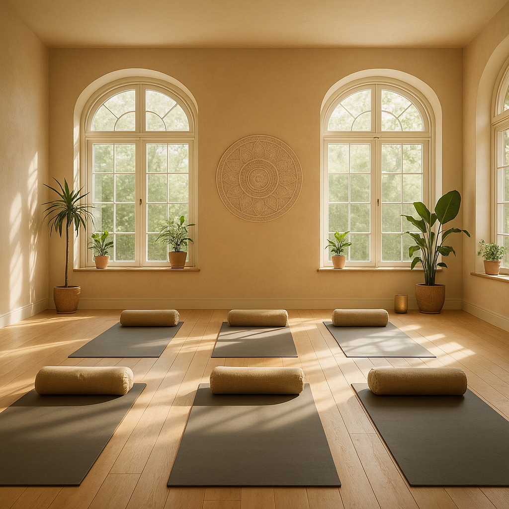 Peaceful yoga studio with mats and natural light